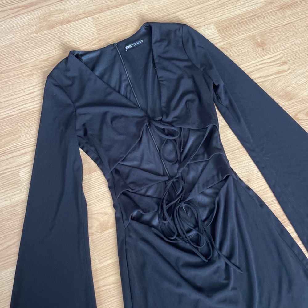 Zara Black Long - Flare Sleeve Mini Stretch Cut Out Dress Size XS - Picture 3 of 6